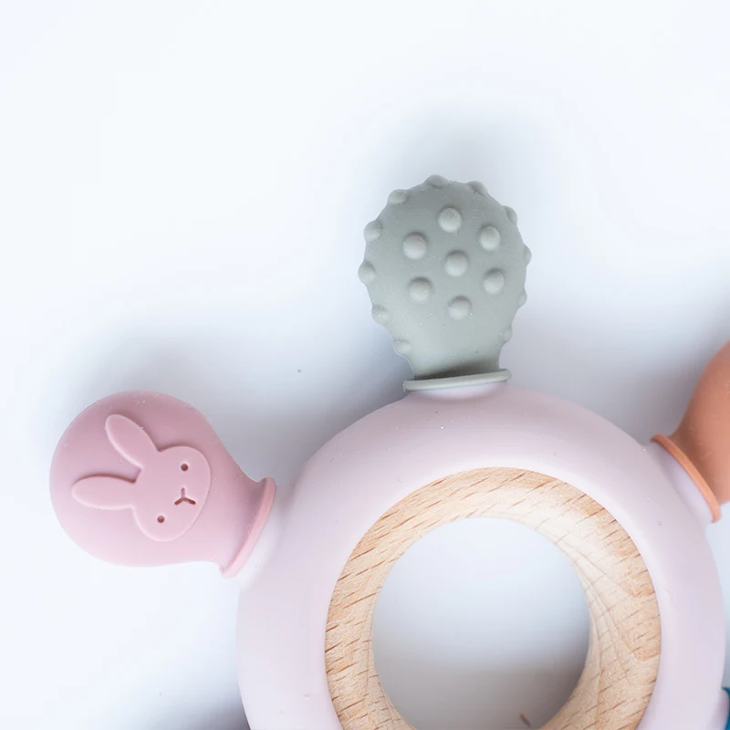1pc Food Grade Baby Silicone Teether Rudder Shape Wooden Ring Teething Toys BPA Free Infant Chewing Nursing Toy Newborn Gifts