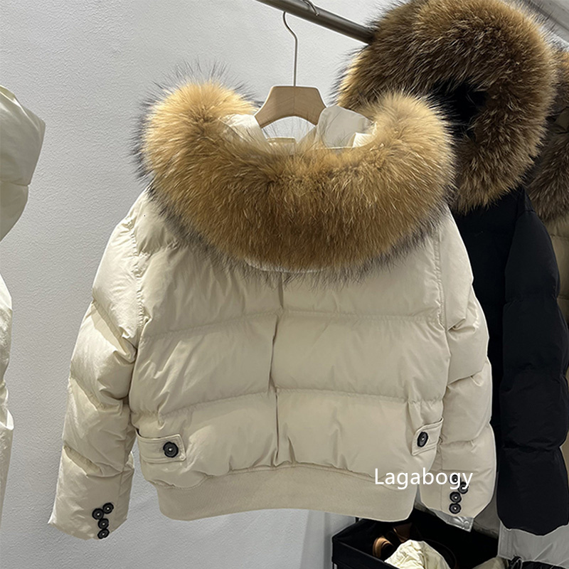 Lagabogy 2024 Winter Women Short Down Jacket Large Real Raccoon Fur Hooded Loose Puffer Coat Thick Warm Windproof Outwear