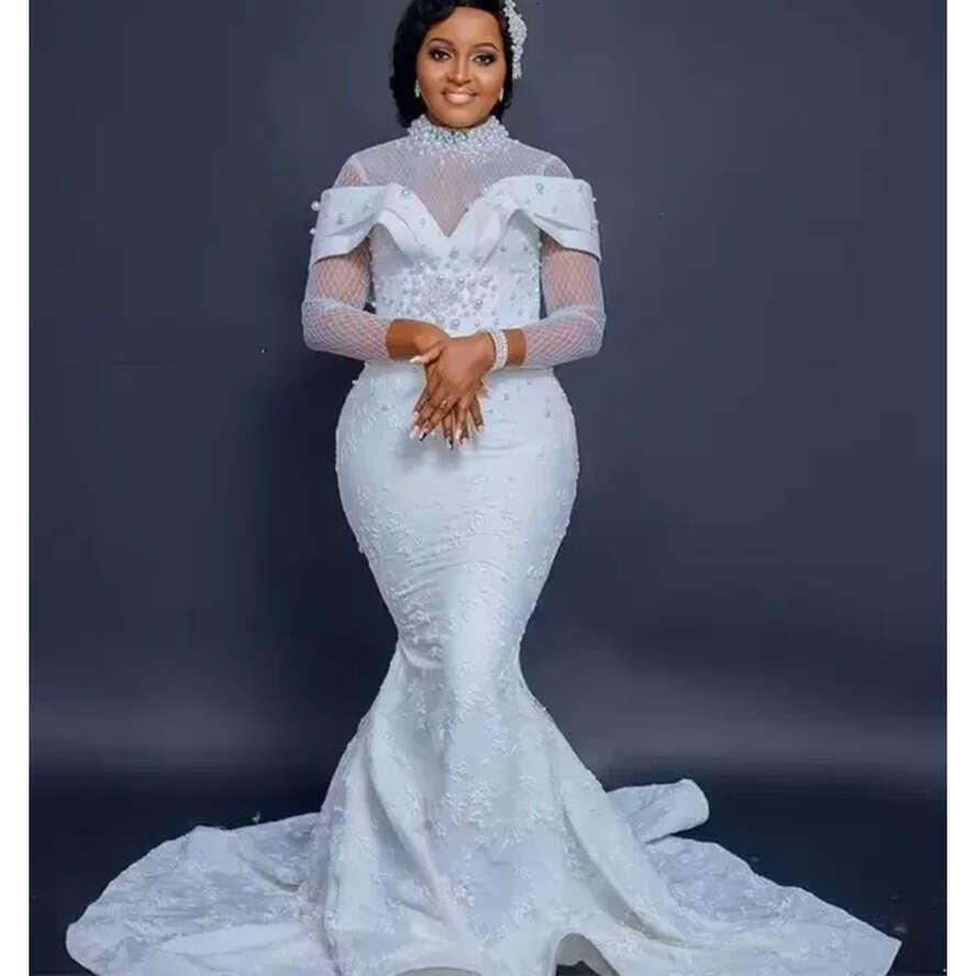 Size Plus Arabic Aso Ebi Urious Mermaid Lace Wedding Pearls Long Sleeves Vintage Bridal Gowns Dress