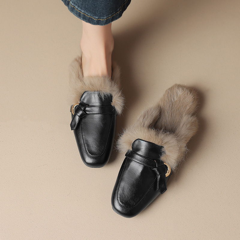 Women's Fashion Slippers:Winter New Trendy Fleece Warm Square Toe Flat Bottom Comfort,Black/Brown,Free shipping
