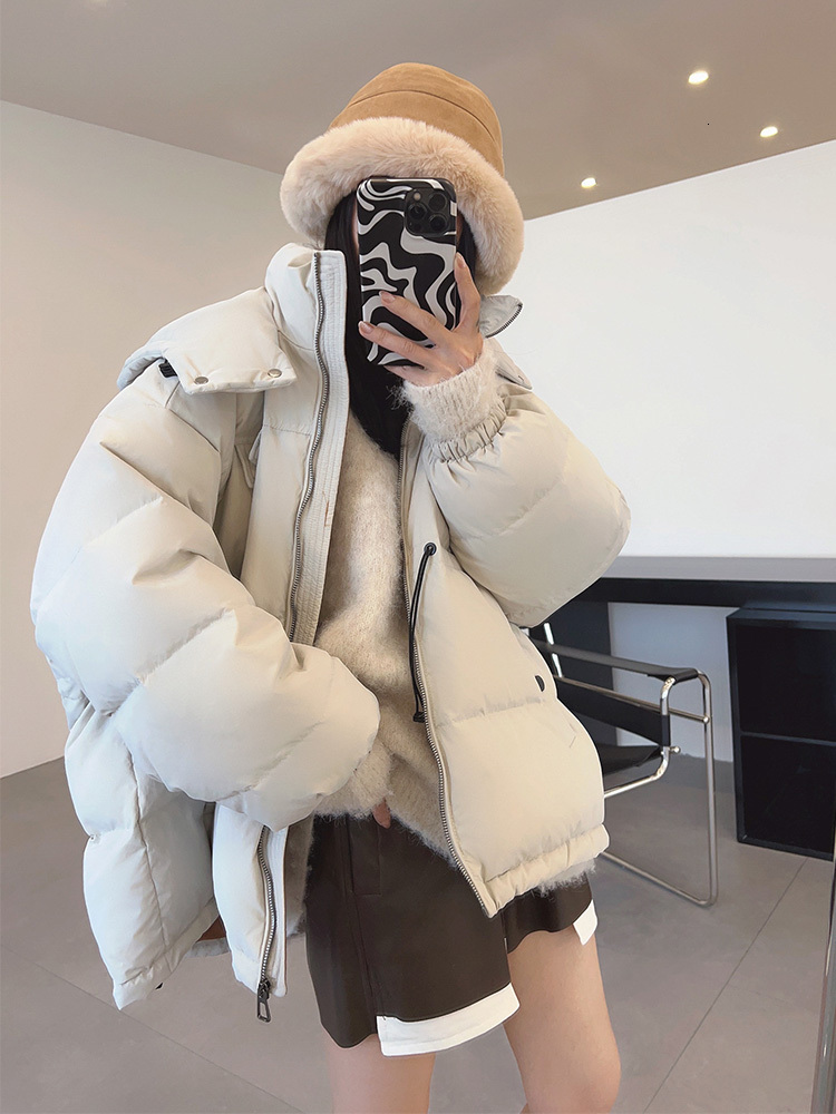 Women White Duck Down Thick Loose Sleeve Winter New Drawstring Hooded Puffer Jacket Medium Long Female