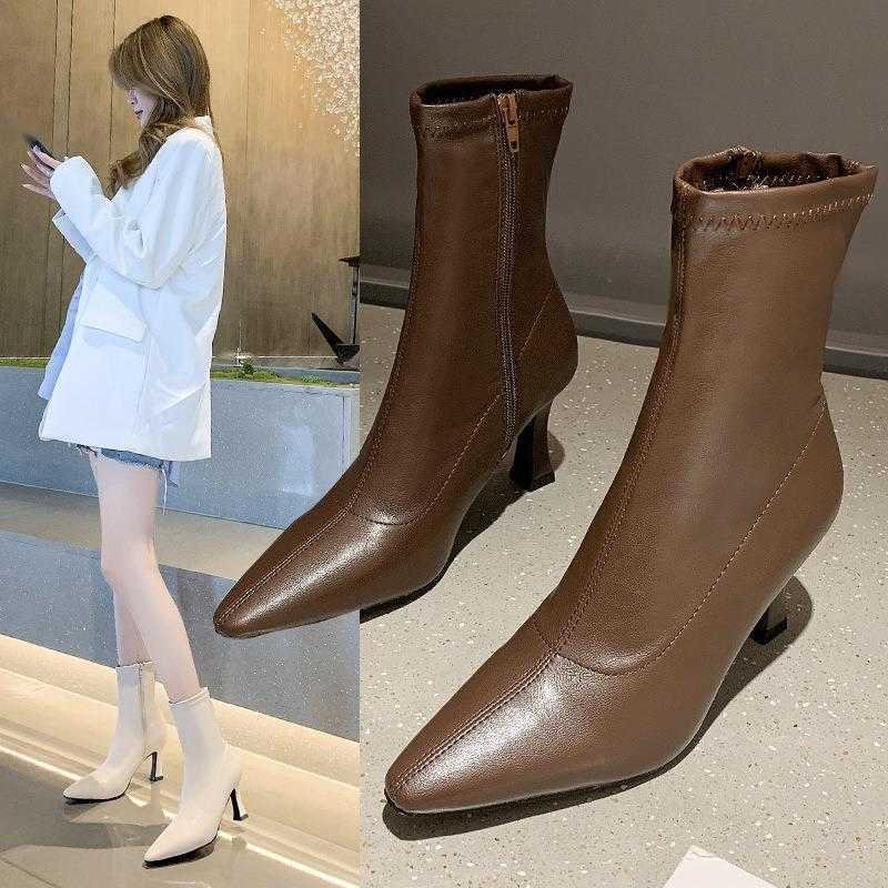 CMM Short Boots for Women Autumn New Elastic Slim Boots Pointed Thin Heels High Heels Mid Calf Boots Minimalist Single Boots