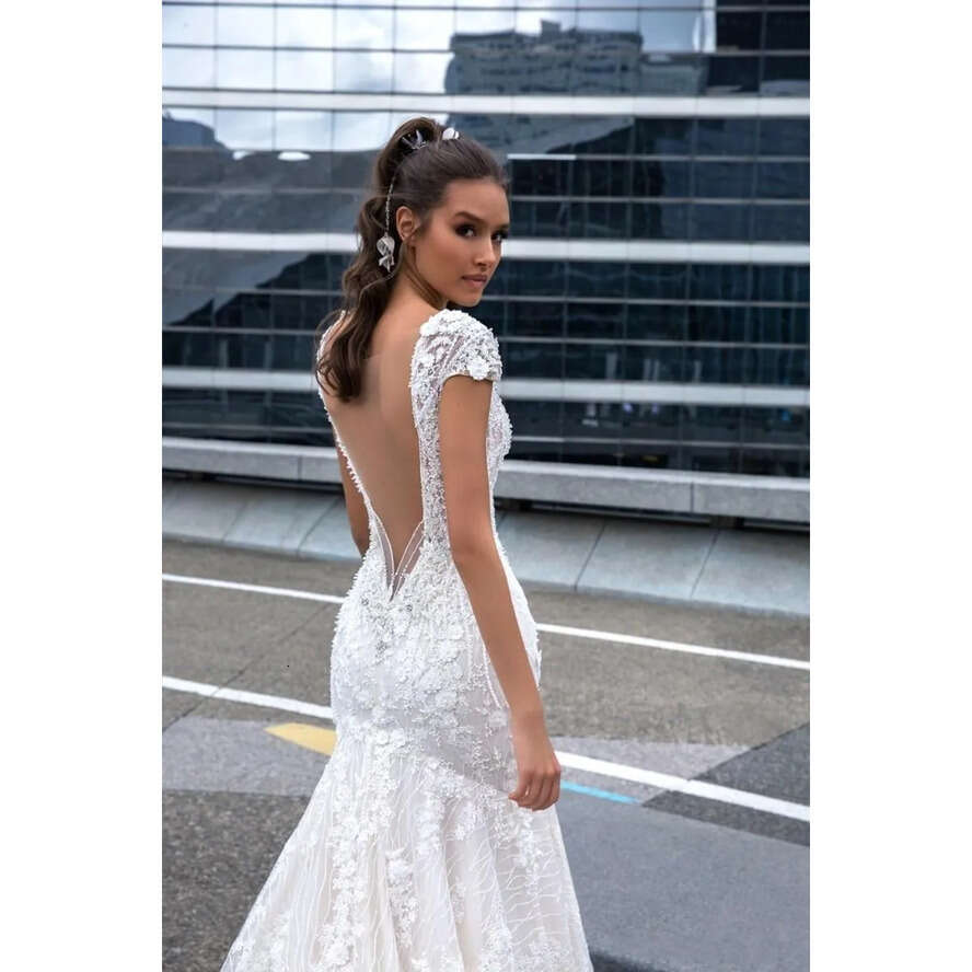 Mermaid Beach Dresses V Neck Lace 3D Ral Applique Beading Backless Bridal Gowns Plus Size Bohemia Wedding Gown