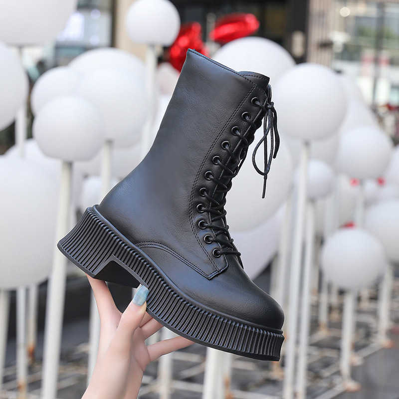 CMM British Thick Heel Plus Size Boots for Women Autumn and Winter Versatile Slimming Lace Up Fashion Chelsea Boots Chimney Boots