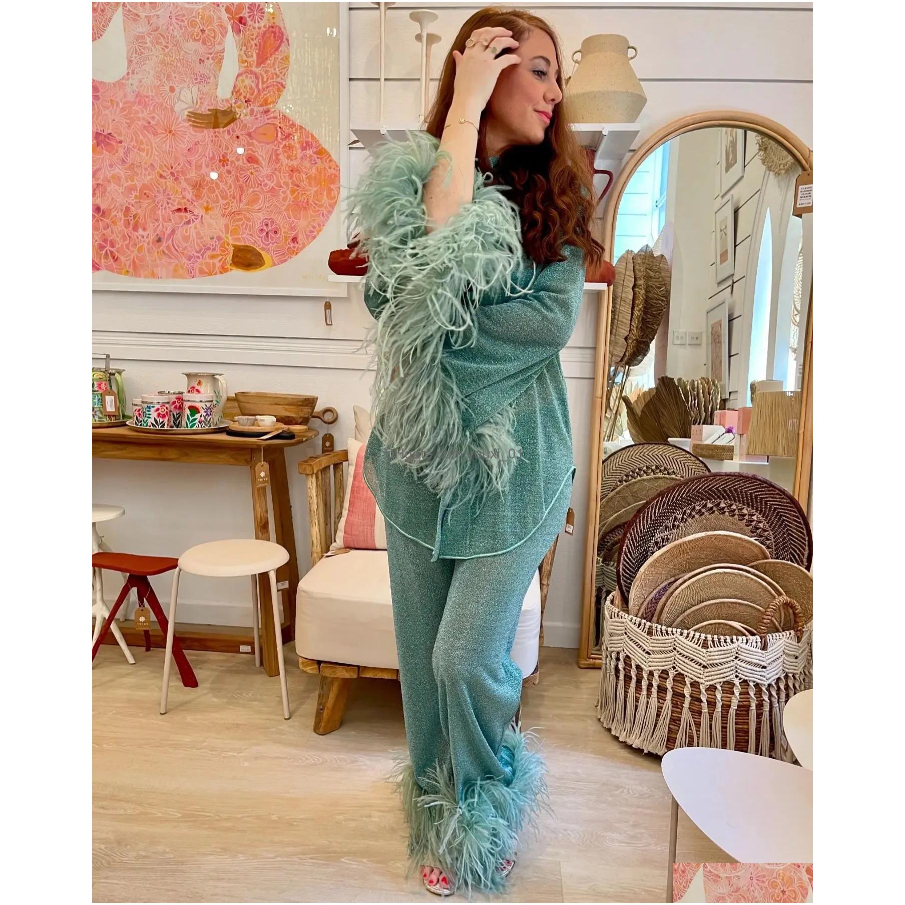 Womens Fashion Shiny Feather Solid Shirt Trouser Set Unique Collar Single Chest Top Autumn Holiday 240903 Drop Delivery Apparel Cloth Dhrze