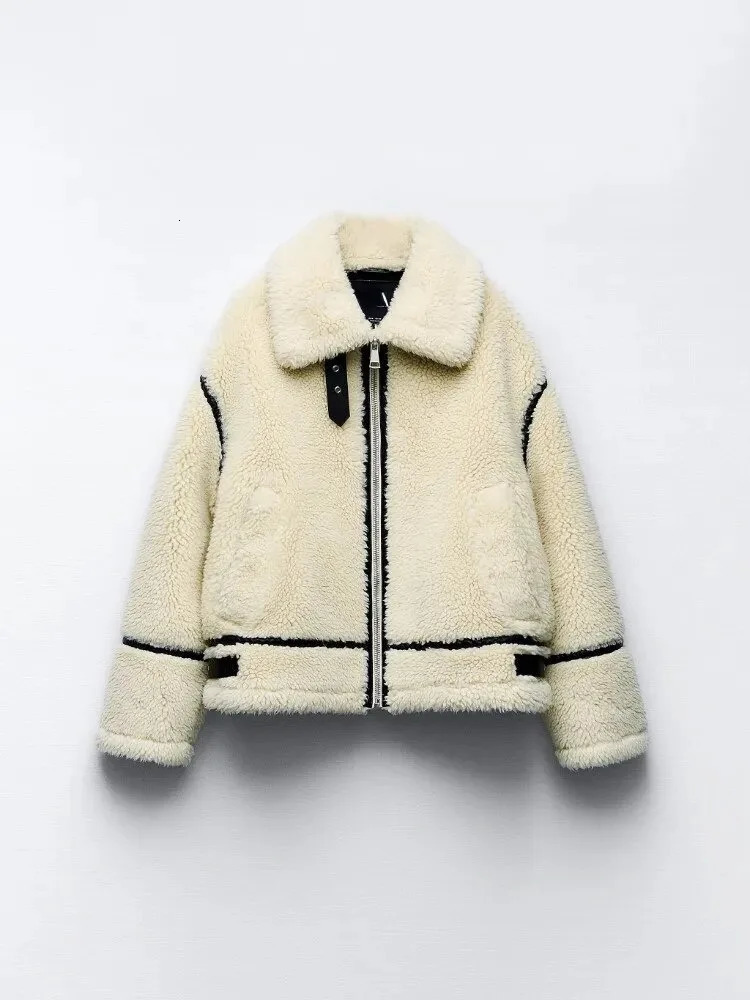 Women Fur Zipper Jacket Plush Coat Loose Long Sleeve Lapel Collar Thicken Coats Winter Fashion Female Warm Street Outwears 241029