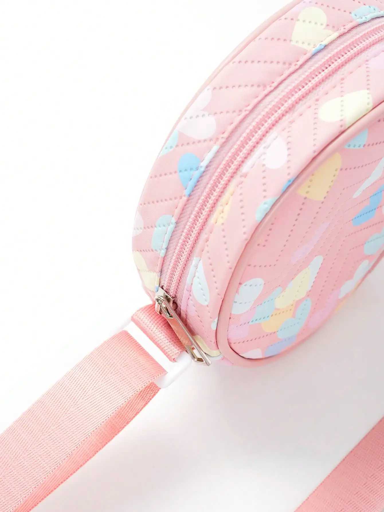 Girls Heart Pattern Adjustable-strap PU Zipper Circle Bag Crossbody Bag LX241104