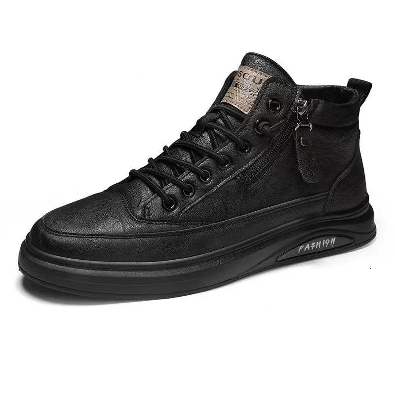 Men leather casual shoes 2024 fashionable and comfortable soft men high top side zipper mid sports 241104