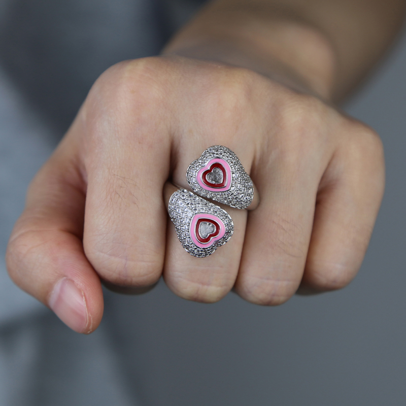 Colorful Enamel Heart Cubic Zirconia Adjustable Finger Rings