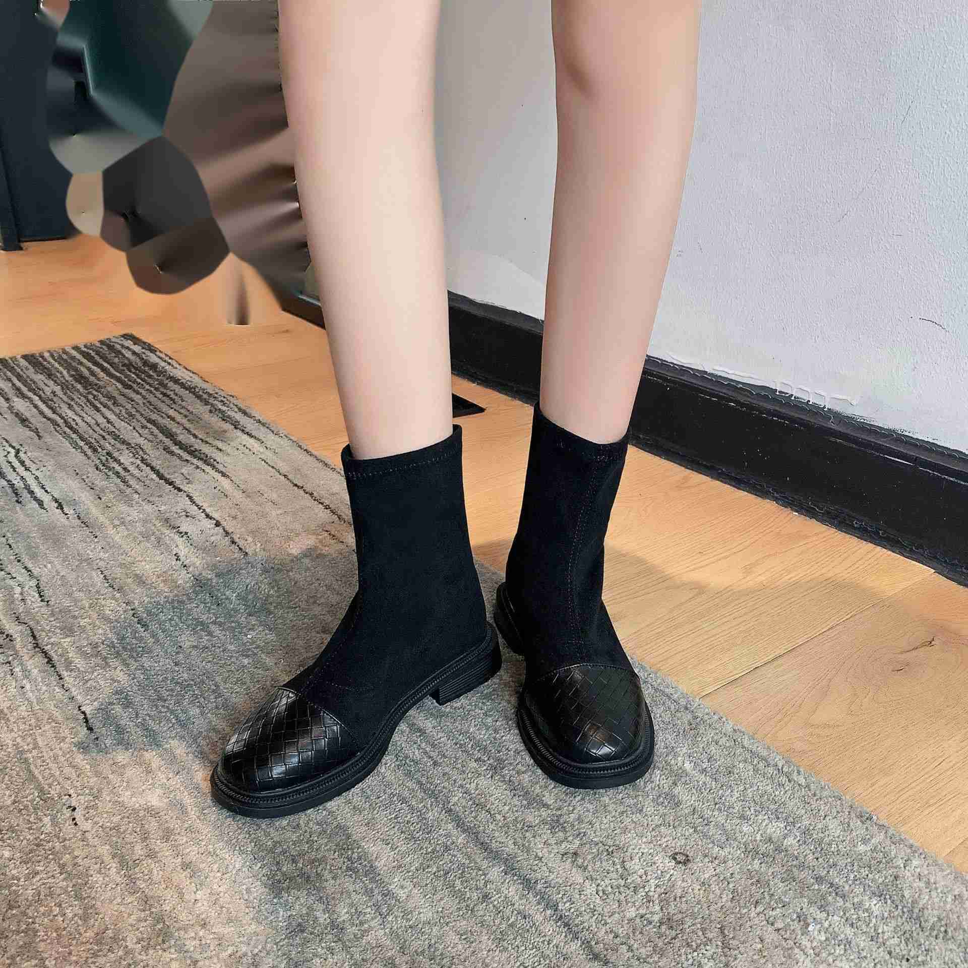 CMM Square Toe Short Boots for Women Autumn and Winter New Fashion Small Heel Elastic Boots Thick Heel Slimming Socks Boots Plush Boots