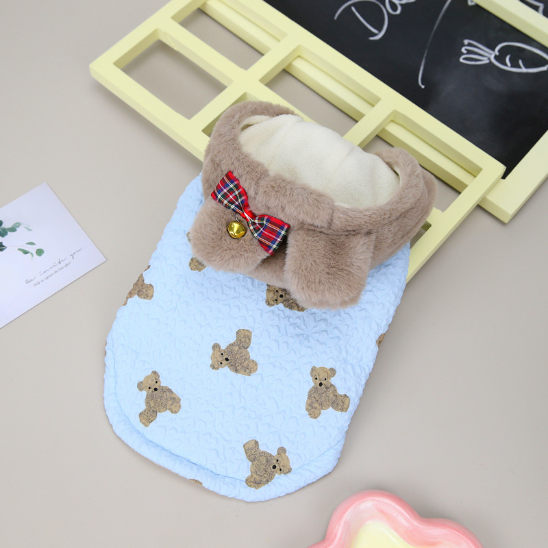 Classic Dog Coat Warm Pet Clothes in Autumn Winter Bear Priting Dog Jacket with Hat Fleece Lined