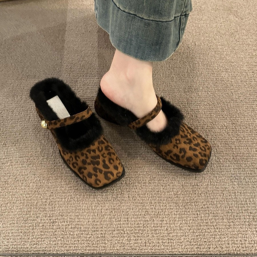 Women's Fashion Slippers:Chunky Heel Increase Height 2024 Winter New Trendy French Retro Fleece Warm,Leopard Print/Black/Brown,Free shipping