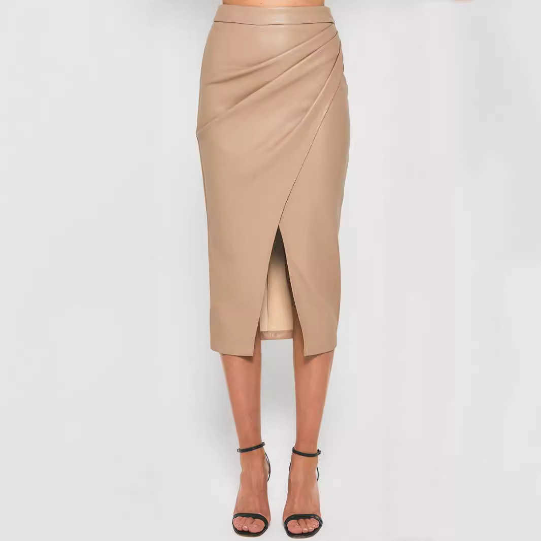 Women Long Hip-hugging Skirt WoMens Pu Split Half Skirt Autumn And Winter High Waisted Zipper Sexy Pleated Leather Skirt 241023
