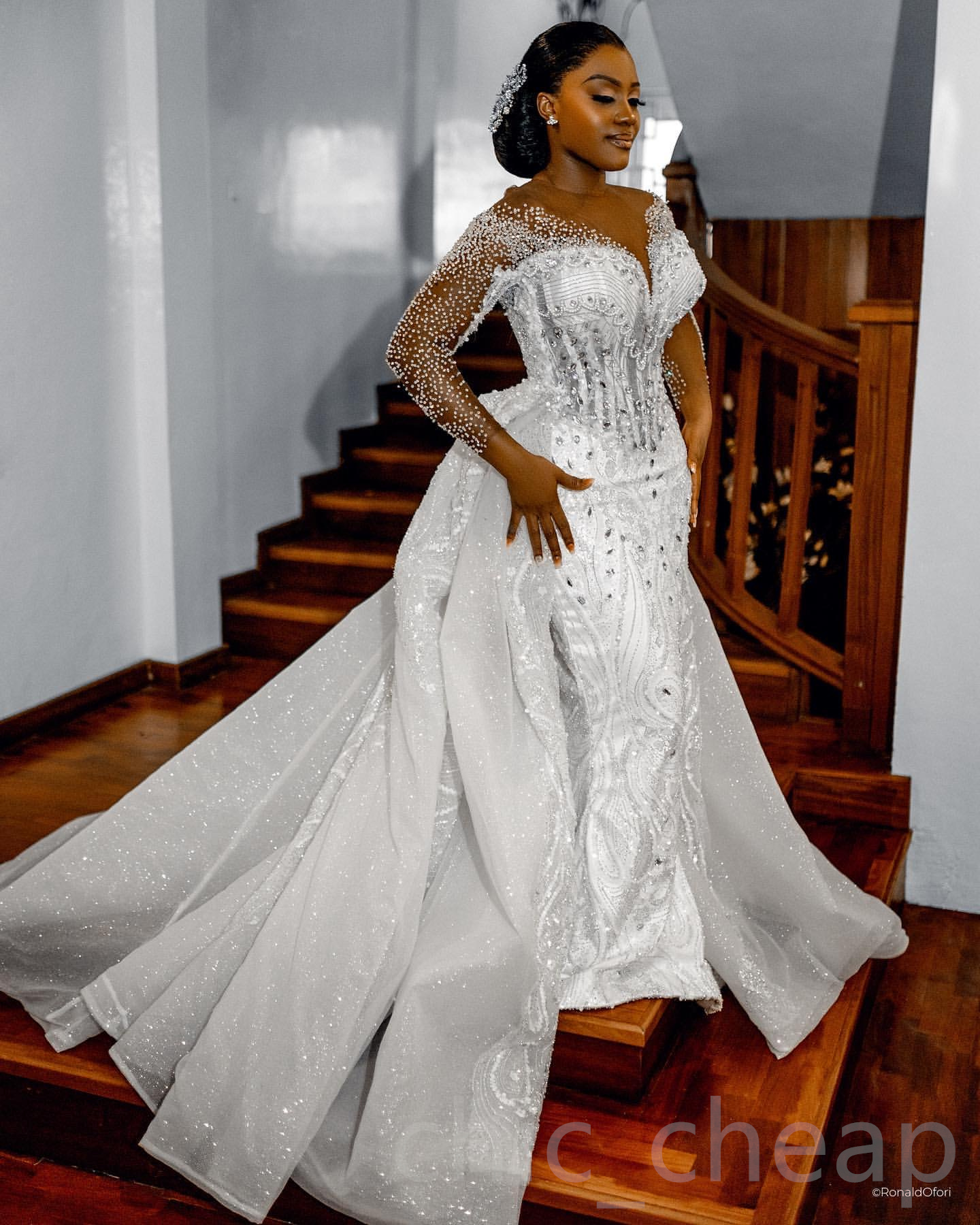 Aso Arabic Ebi Plus Size Ivory Lace Mermaid Wedding Sheer Neck Full Sleeves Rhies Beaded Detachable Train Bridal Gowns Dresses