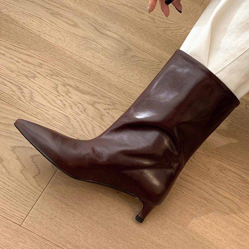 Autumn Winter Genuine Leather Boots Pointed Toe Solid Color Cat Heels Ankle Botas Mid Fashion Short 241104