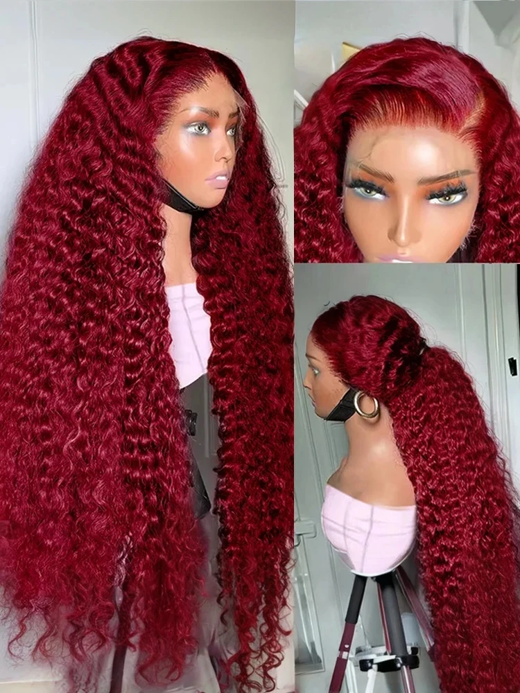 Free shipping 250 Density Peruvian Soft 30 40 Inch 99J Bury Deep Wave 13x4 Front Human Hair Wig 360 Lace Frontal Red Curly Wigs Synthetic for Women