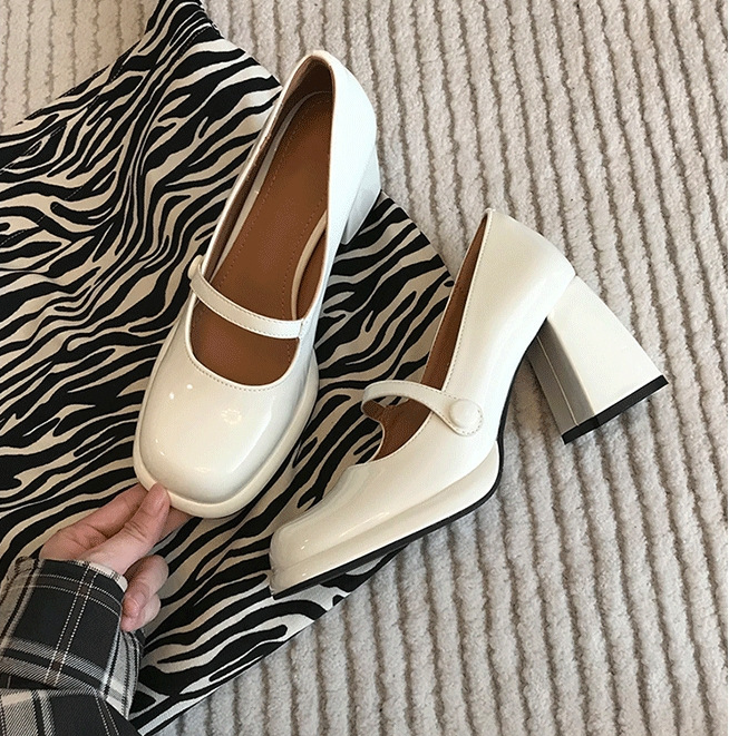 Women's Fashion Dress Shoes:Square Toe High Heel French Style Shallow Patent Leather,Black/White,Free shipping