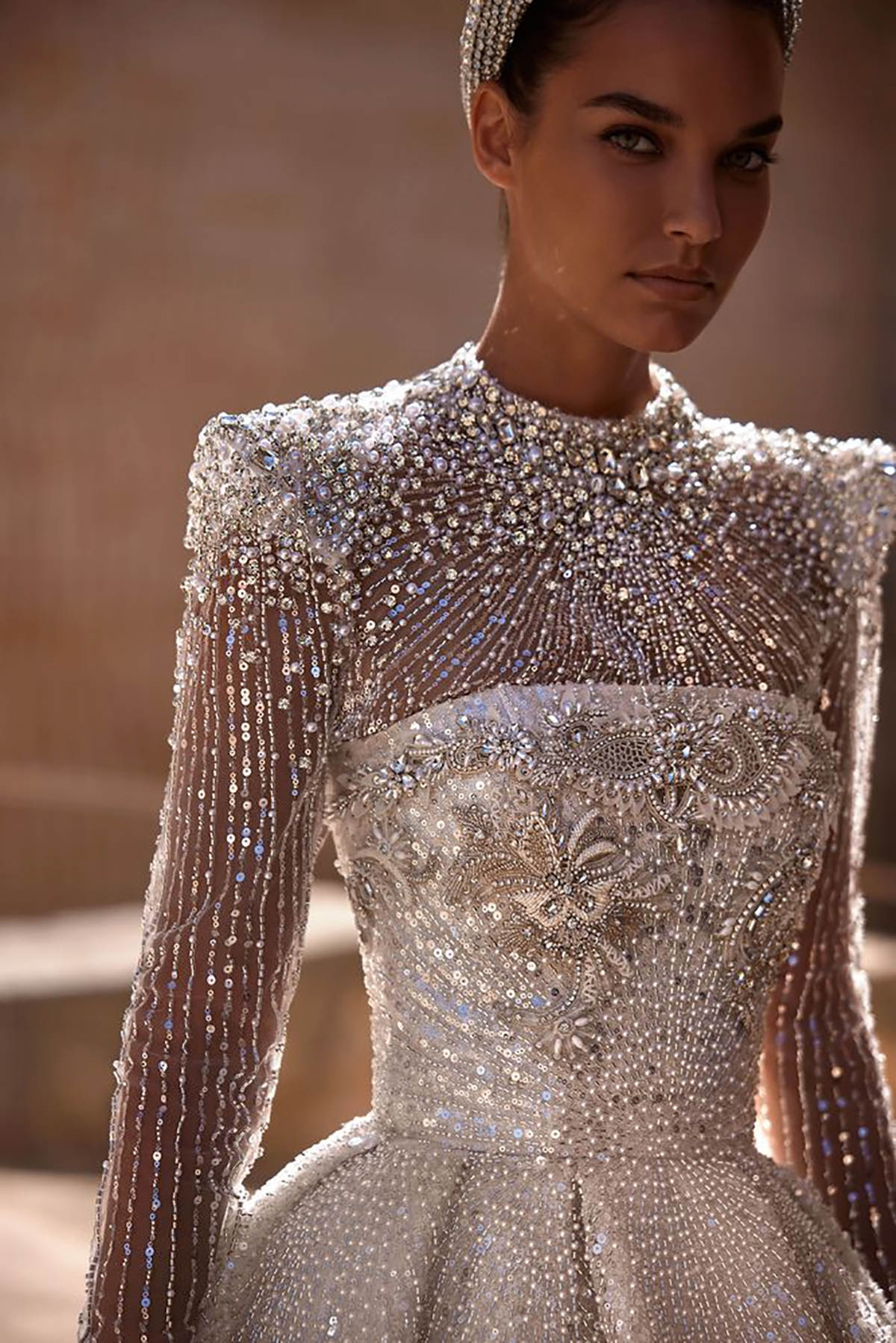 Glamorous Wedding Dresses Pearls Bride Gown Sequins Beading A E Bridal Dress Sheer Long Sleeves Custom Made Vestidos De Novia 0219