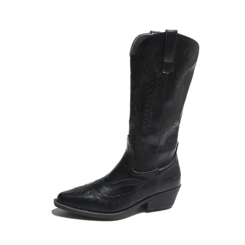 CMM Autumn Winter New Fashion Embroidered Western Cowboy Boots Womens Pointed Middle Barrel Thick Heel Knight Boots