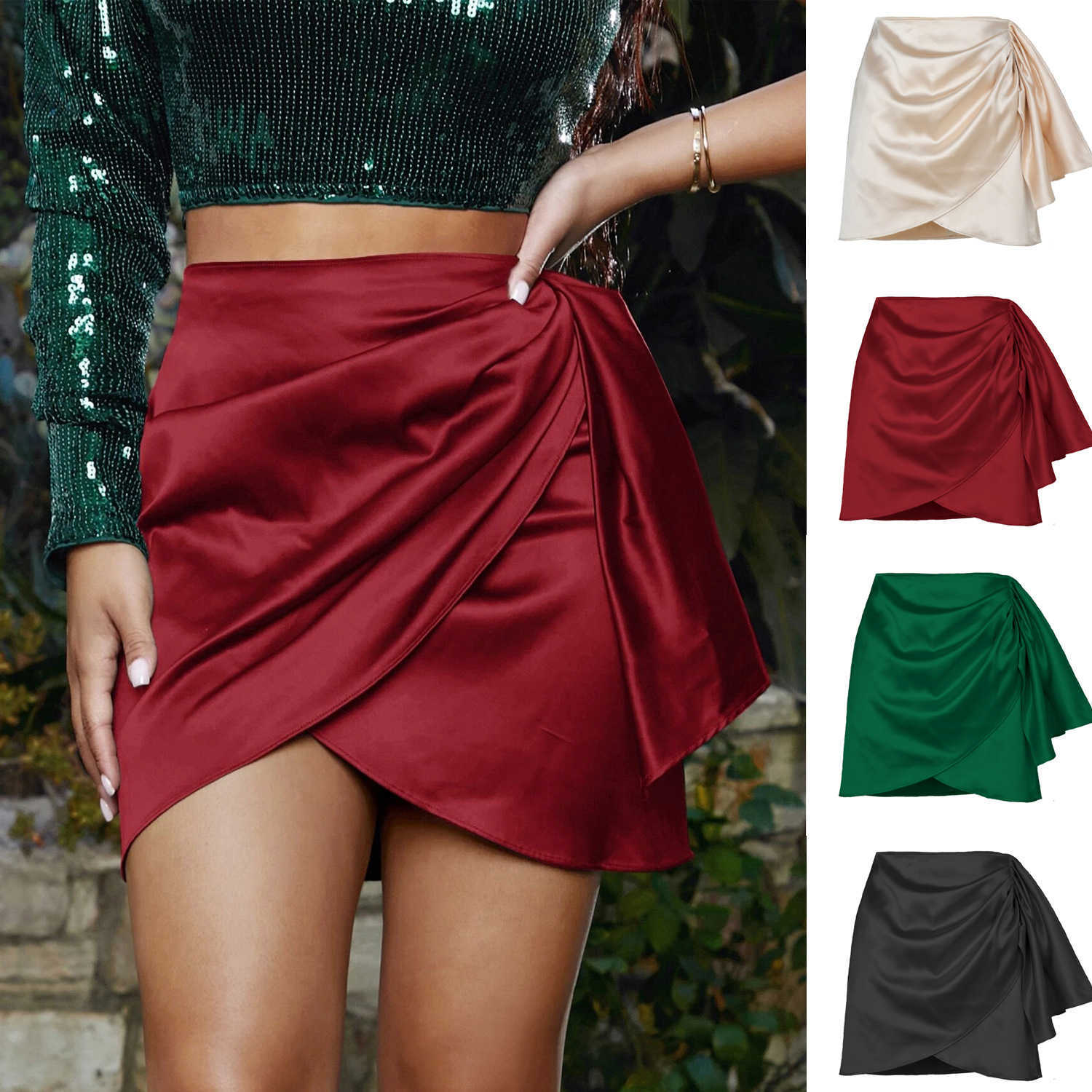 Women Black Skirts Length Adult Career Skirts Summer Irregular Zipper Skirt Pleat Positioning Solid Color Satin High Waist Skirt 241023