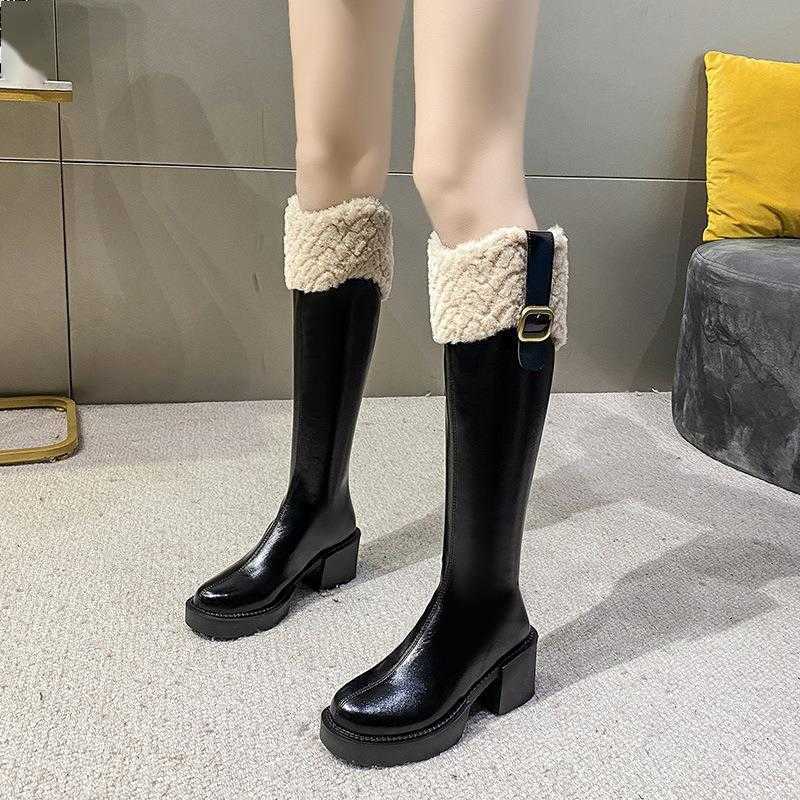 CMM Small Height High Heeled Hairy Long Boots for Women Autumn and Winter New Fashion Long Boots Plush Mouth Knight Boots