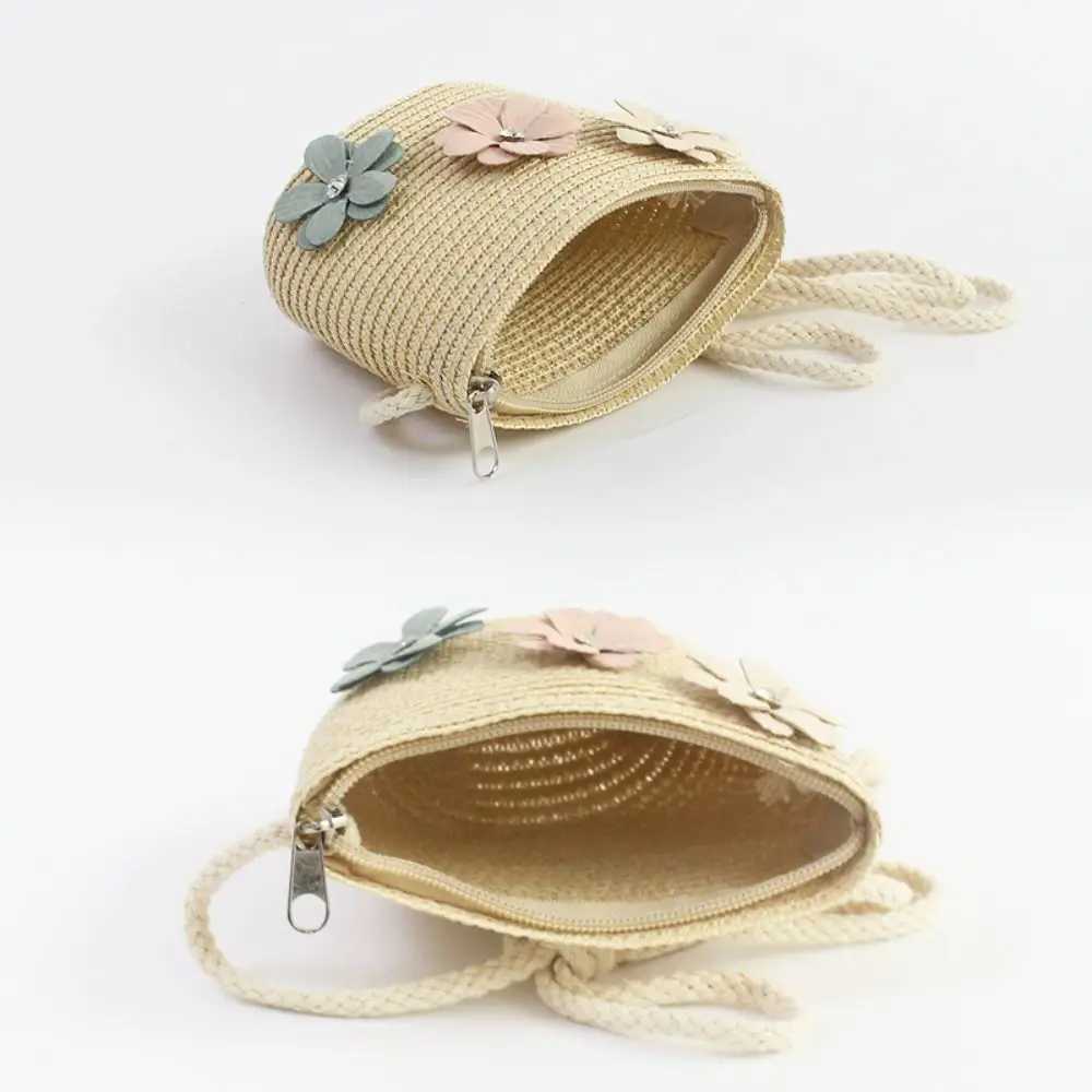 New Handmade Girls Shoulder Bag Flower Straw Crossbody Bag Messenger Bag Kids Keys Coin Purse Cute Princess Mini Rattan Handbag LX241104