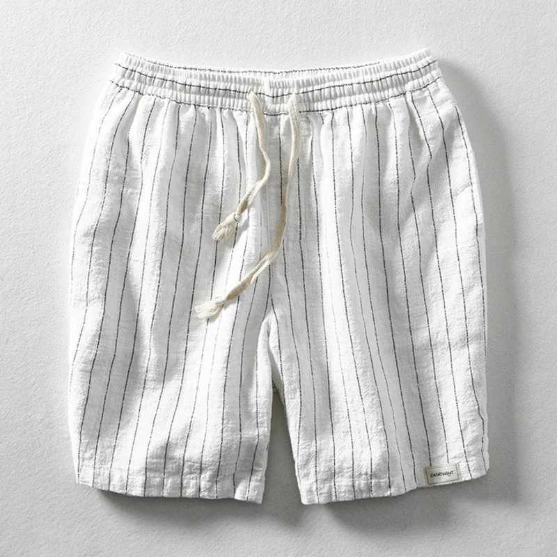 Cotton Linen Shorts Summer Pants Men Casual Sold Color Breathable Comfortable Striped Drawstring Man Holiday Beach Thin ShortsX241104