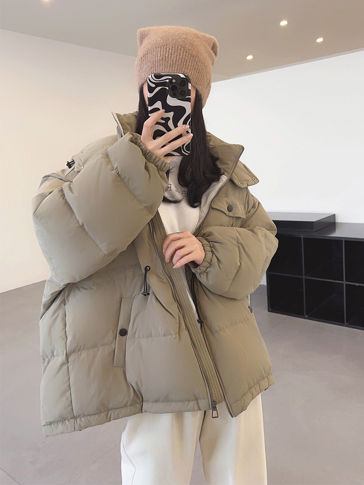 Women White Duck Down Thick Loose Sleeve Winter New Drawstring Hooded Puffer Jacket Medium Long Female