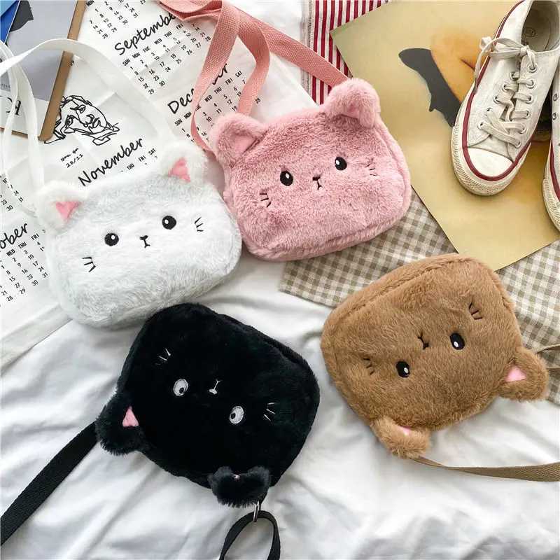 Soft Plush Little Girl Messenger Bag Cute Cat Children Small Shoulder Bags Lovely Boys Kids Purse Handbags Crossbody Bag LX241104