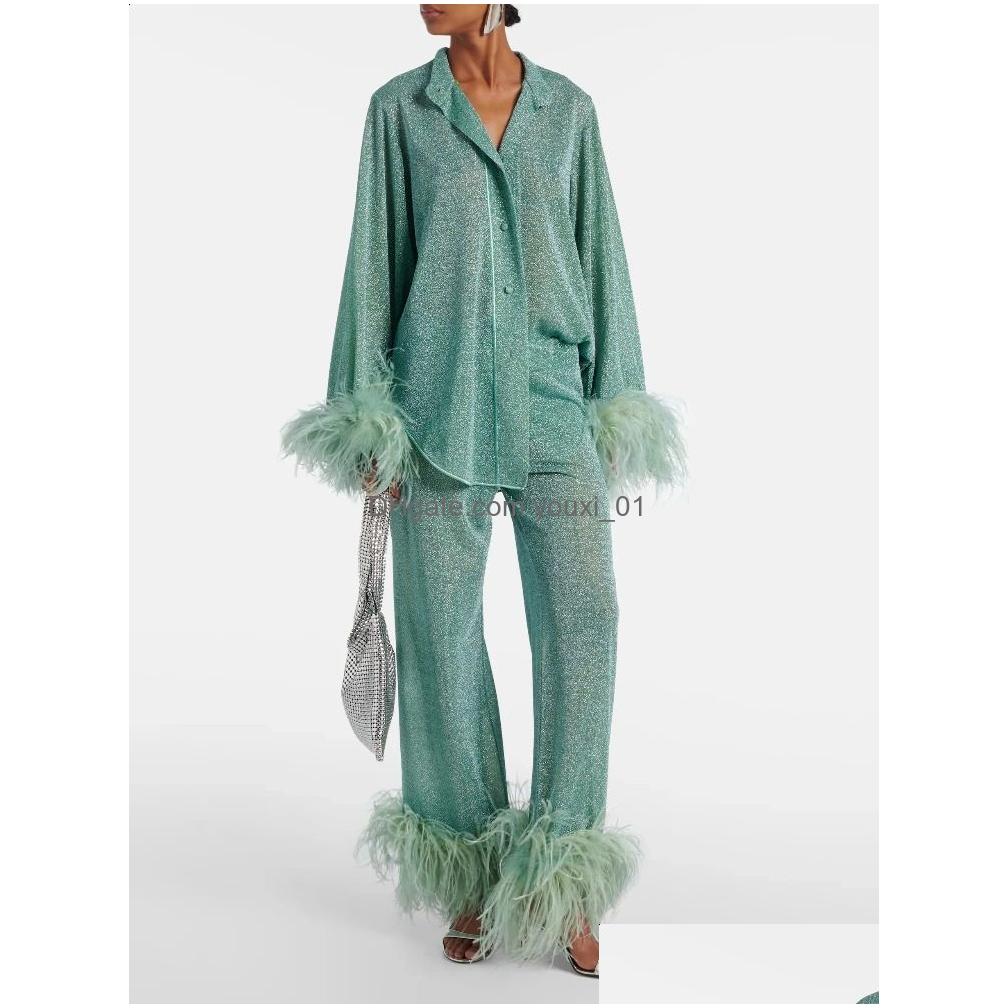 Womens Fashion Shiny Feather Solid Shirt Trouser Set Unique Collar Single Chest Top Autumn Holiday 240903 Drop Delivery Apparel Cloth Dhrze