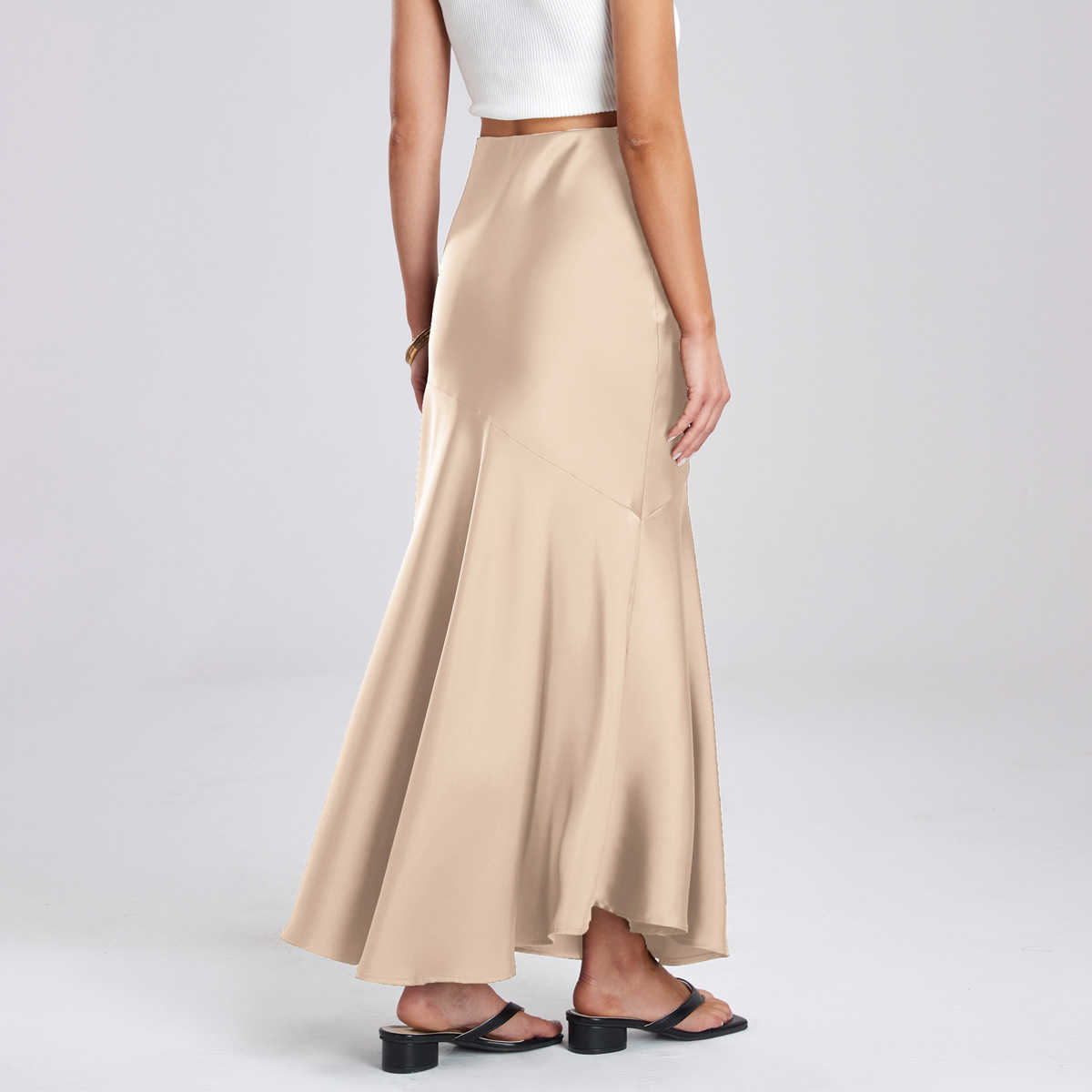 WoMens Acetate Satin Long Skirt With High Waist And Elastic Career Skirts Splicing Slim Fit And Slimming Hip Hugging Skirt Clothes For Women 241023