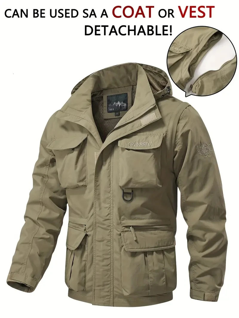 Detachable windproof sleeved hooded jacket suitable for outdoor activities mens casual waterproof multi pocket vest 241104