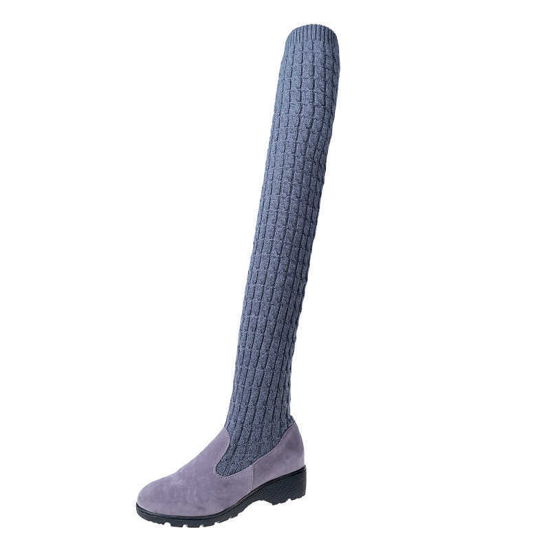 CMM Elastic Slim Boots for Women Autumn and Winter New Knitted Yarn High Tube Flat Bottomed Knee High Tube Boots Elastic Boots