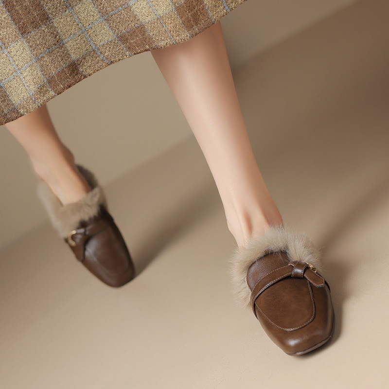 Women's Fashion Slippers:Winter New Trendy Fleece Warm Square Toe Flat Bottom Comfort,Black/Brown,Free shipping