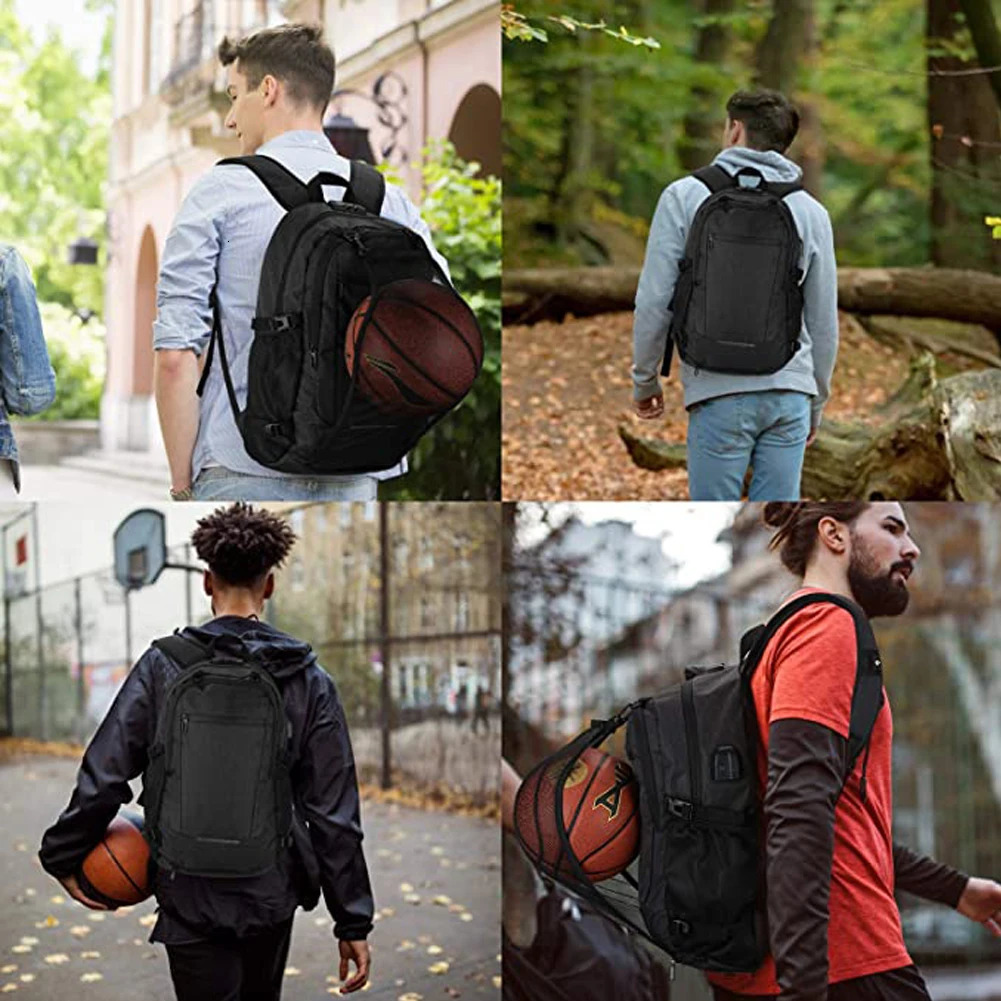 Neutral waterproof backpack with anti-theft password lock reflective strip basketball net pocket USB and headphone jack 241031