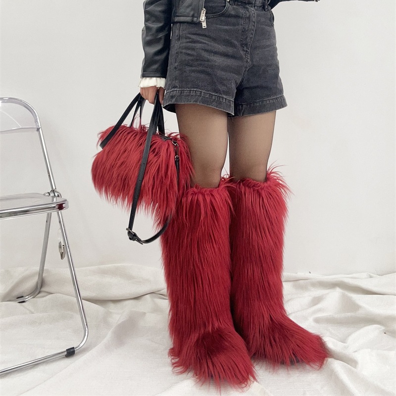 New Punk Style Large-sized High Boots Knee High Snow Boots Handbag Plush Imitation Wool Set.