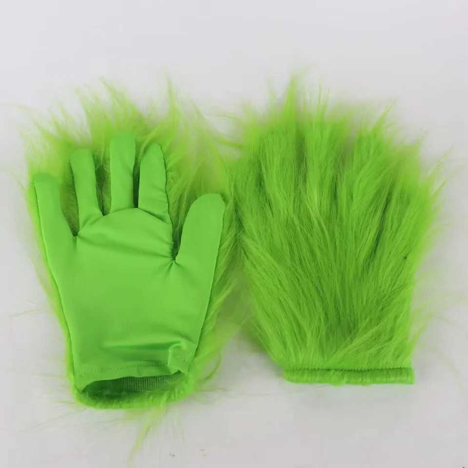 Quty Green Grinch Mask Christmas Halloween Cosplay Green Fur Monster Masque Props Anime Latex Head Gear Gloves Grinch Masque Y241101