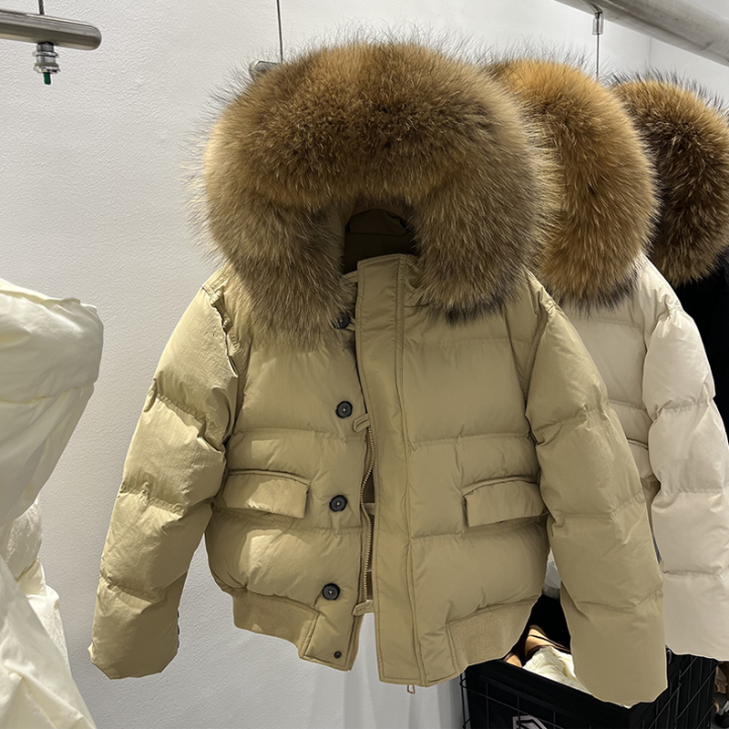 Lagabogy 2024 Winter Women Short Down Jacket Large Real Raccoon Fur Hooded Loose Puffer Coat Thick Warm Windproof Outwear