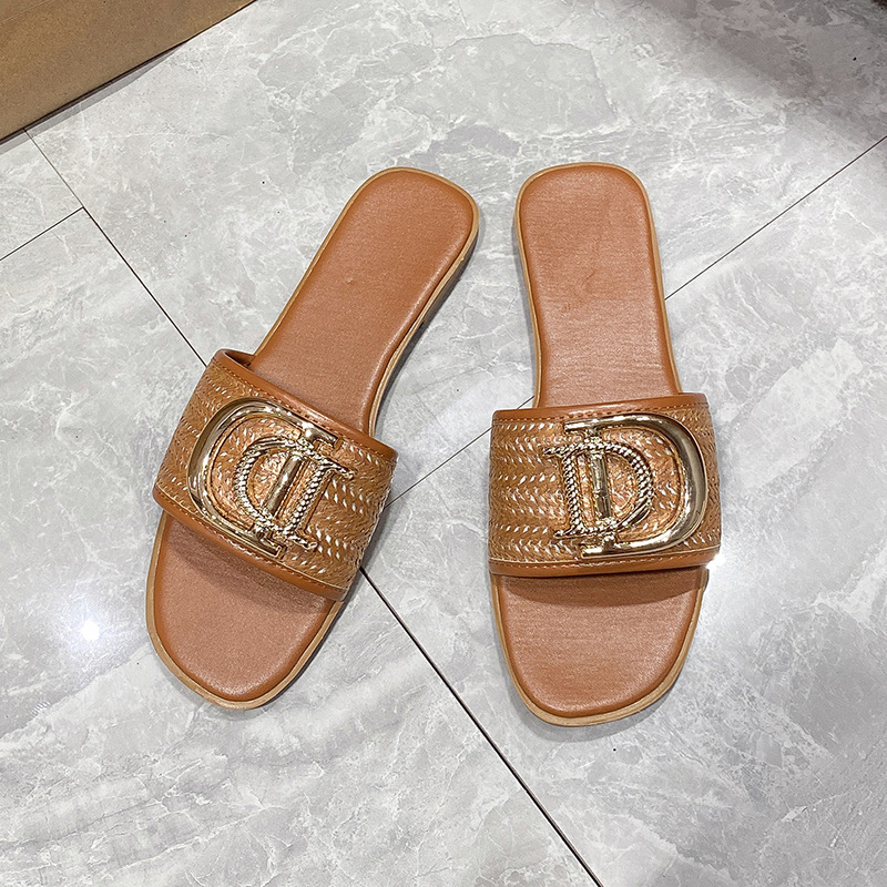 Women Luxury Decor Weave Design Flat Sandals Fashion Open-toe Vacation Casual Slides Party Sexy Elegant Office-Ladies New Shoes
