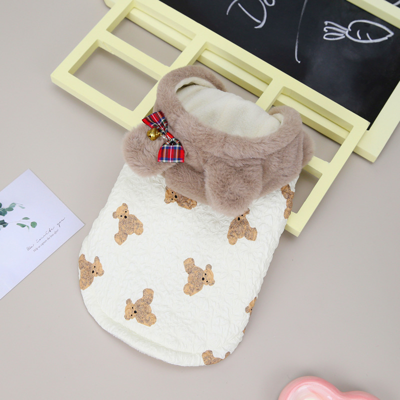 Classic Dog Coat Warm Pet Clothes in Autumn Winter Bear Priting Dog Jacket with Hat Fleece Lined