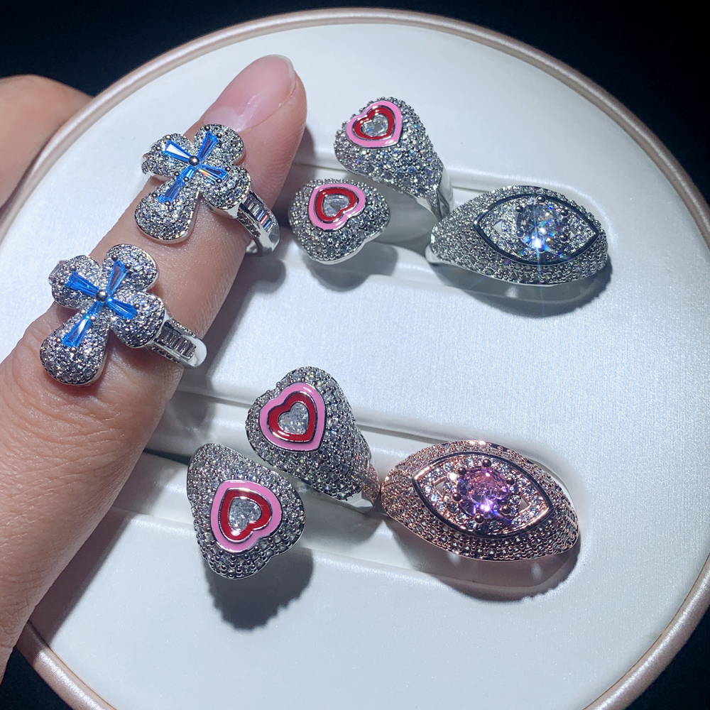 Men's Women's Iced Out Cross Ring: Full Paved Blue White Cubic Zirconia Hip Hop Jewelry Gift