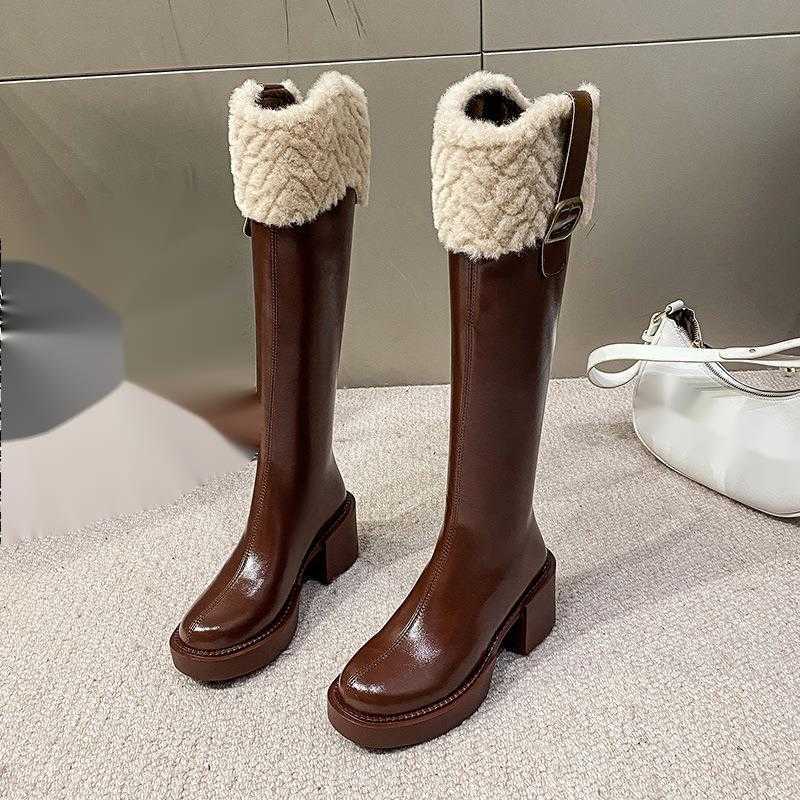 CMM Small Height High Heeled Hairy Long Boots for Women Autumn and Winter New Fashion Long Boots Plush Mouth Knight Boots