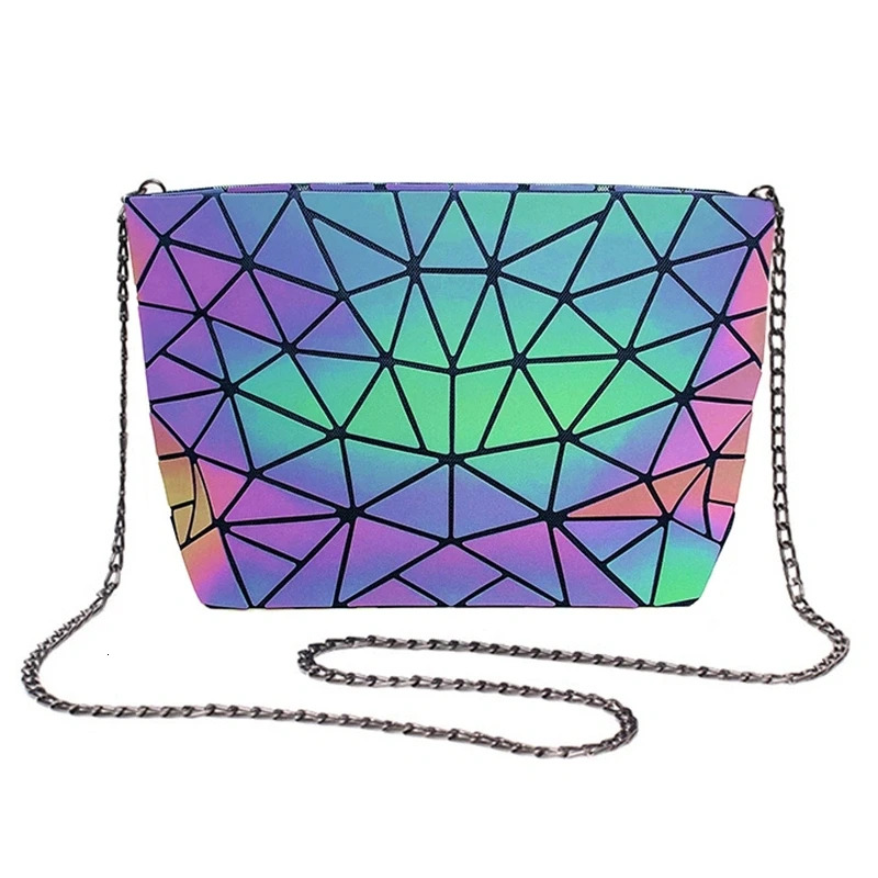 Fashion Reflective Chain Crossbody Bags For Women Folding Geometric Holographic Purses Luminous Sg Shoulder Bag