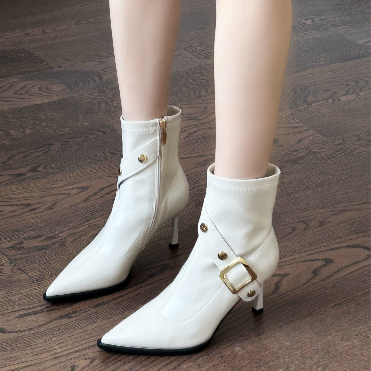 Women's Fashion Boots:New Trendy Pointed Toe High Heel Short Boots Slim Heel Versatile Stylish,Black/White,Free shipping