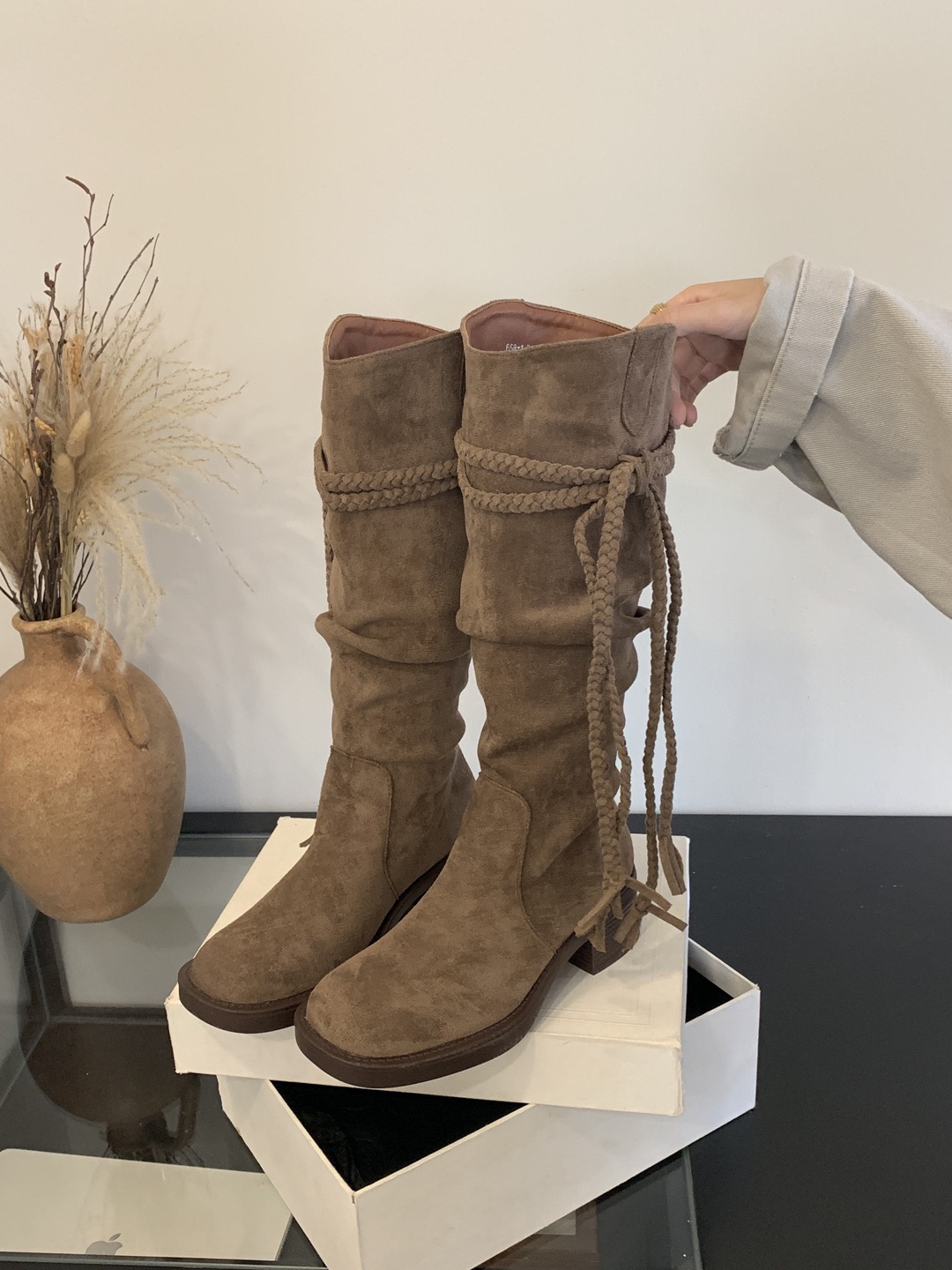 Solid Color Hemp Rope Cross Strap Pointed Thick Heeled Long Autumn Winter New Punk Rock New Style Women Knee High Boots 35-39
