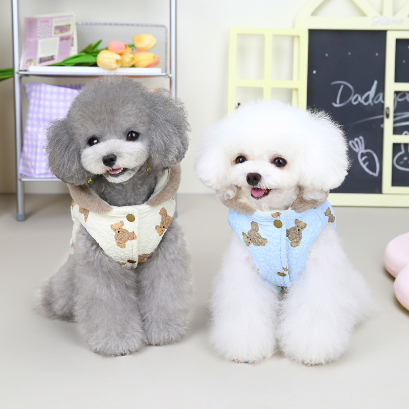 Classic Dog Coat Warm Pet Clothes in Autumn Winter Bear Priting Dog Jacket with Hat Fleece Lined