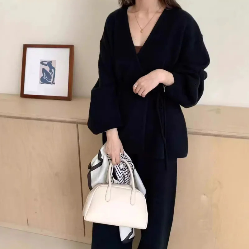 EWQ Fashion V-neck Long Sleeve Lace Up Sweater And High Waist Trousers Casual Women Knit Set Clothing 2024 Autumn 16O1719 241104