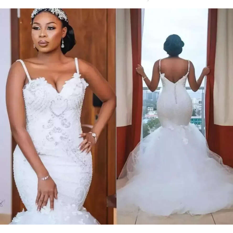 Elegant White Sweetheart Spaghetti Strap Mermaid Wedding Dresses African Arabic Beads Appliques Runched Long Train Bridal Gowns Plus Size