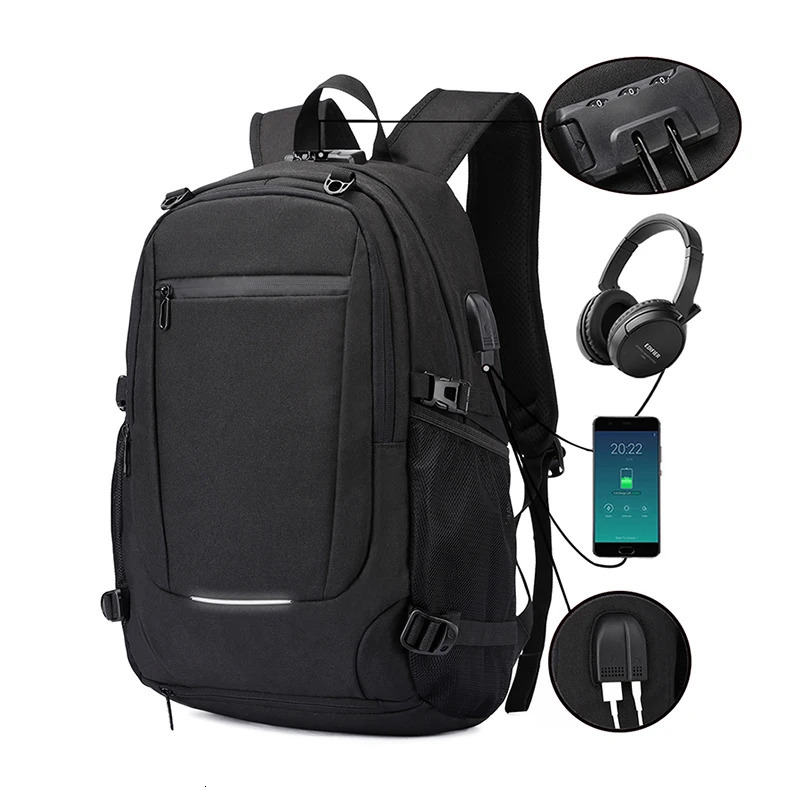 Neutral waterproof backpack with anti-theft password lock reflective strip basketball net pocket USB and headphone jack 241031