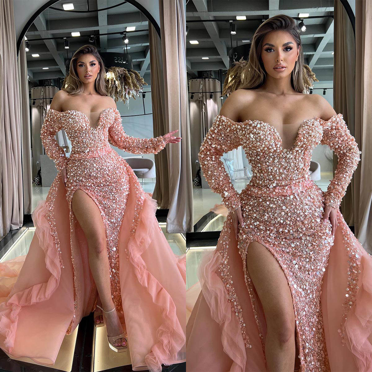 Gorgeous Pearls Evening Beading Off Shoulder Prom Gowns with Detachable Train Side Split Party Dresses Custom Made Vestidos de noche